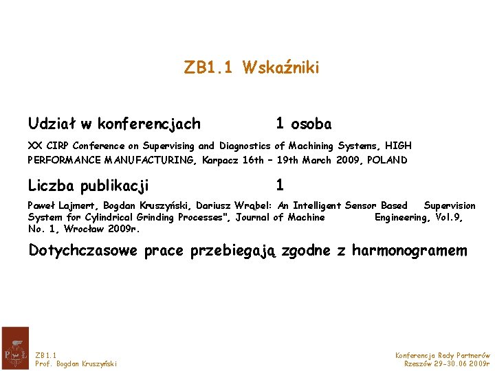 ZB 1. 1 Wskaźniki Udział w konferencjach 1 osoba XX CIRP Conference on Supervising