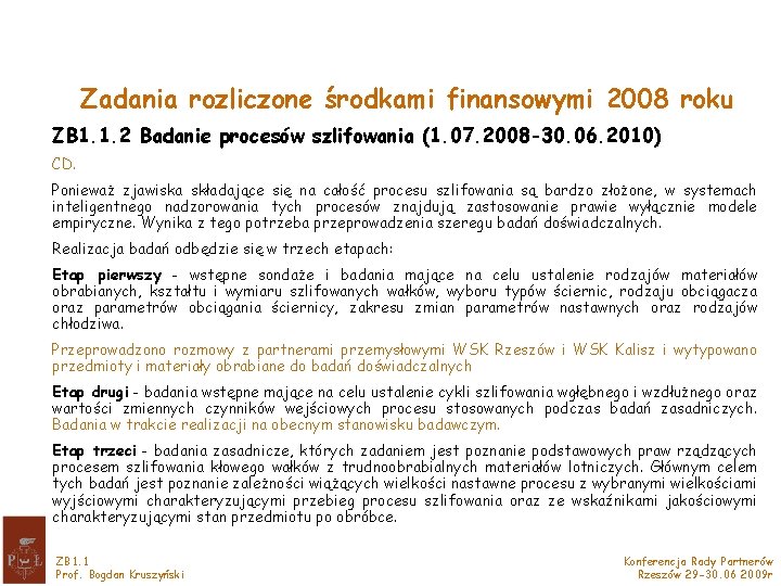 Zadania rozliczone środkami finansowymi 2008 roku ZB 1. 1. 2 Badanie procesów szlifowania (1.