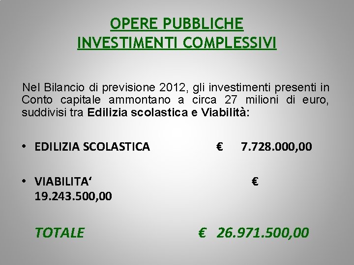 OPERE PUBBLICHE INVESTIMENTI COMPLESSIVI Nel Bilancio di previsione 2012, gli investimenti presenti in Conto