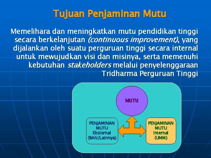 Tujuan Penjaminan Mutu Memelihara dan meningkatkan mutu pendidikan tinggi secara berkelanjutan (continuous improvement), yang