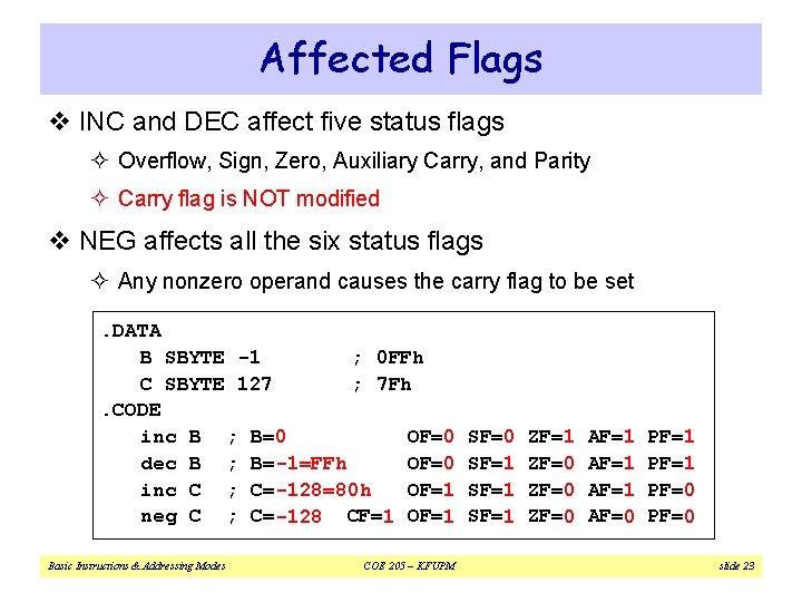 Affected Flags v INC and DEC affect five status flags ² Overflow, Sign, Zero,