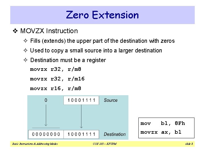 Zero Extension v MOVZX Instruction ² Fills (extends) the upper part of the destination