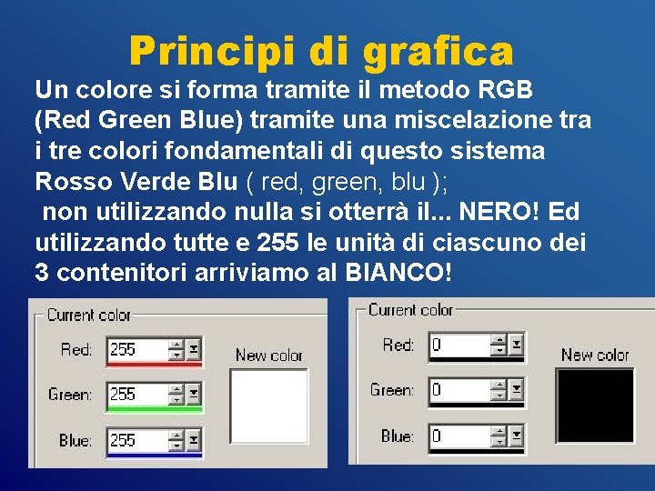 Principi di grafica Un colore si forma tramite il metodo RGB (Red Green Blue)