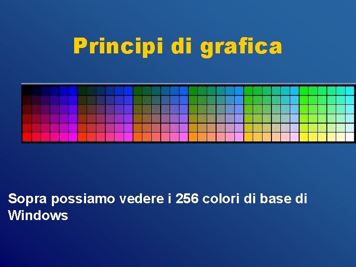 Principi di grafica Sopra possiamo vedere i 256 colori di base di Windows 