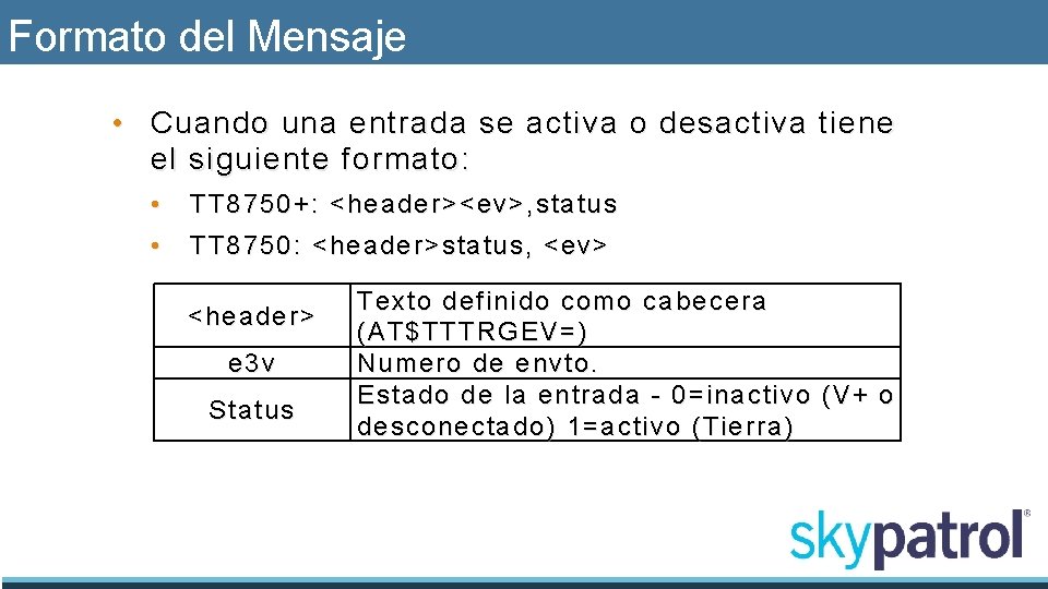 Formato del Mensaje • Cuando una entrada se activa o desactiva tiene el siguiente