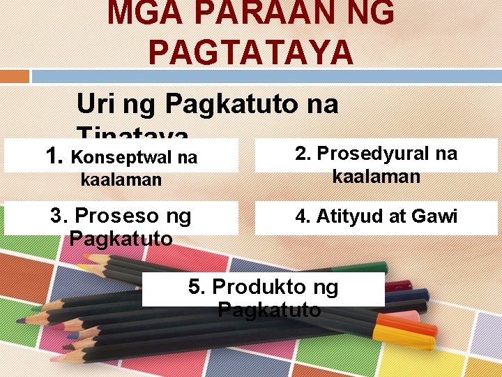 MGA PARAAN NG PAGTATAYA Uri ng Pagkatuto na Tinataya 2. Prosedyural na 1. Konseptwal