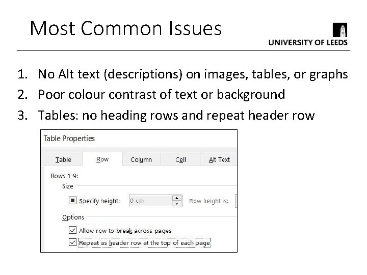 Most Common Issues 1. No Alt text (descriptions) on images, tables, or graphs 2. Most Common Issues 1. No Alt text (descriptions) on images, tables, or graphs 2.