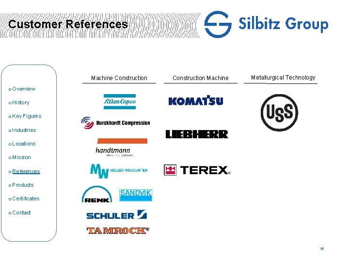 Customer References Machine Construction Machine Metallurgical Technology o Overview o History o Key Figures