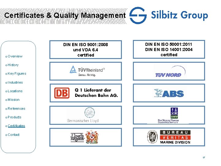 Certificates & Quality Management o Overview o History DIN EN ISO 50001: 2011 DIN