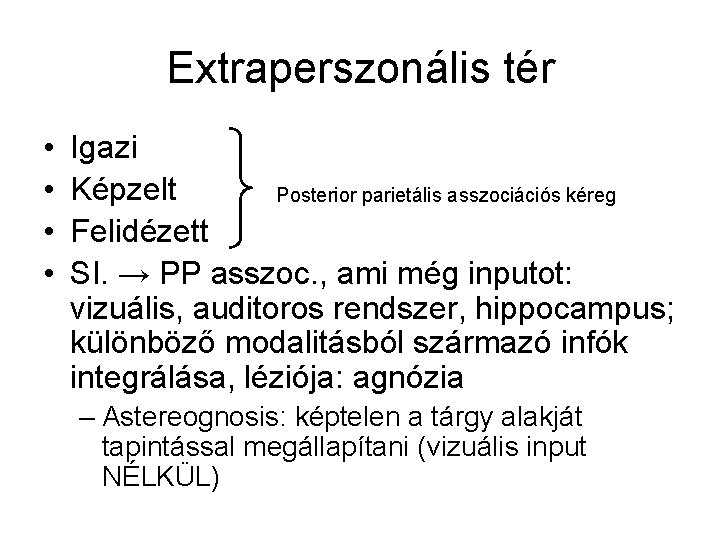Extraperszonális tér • • Igazi Képzelt Posterior parietális asszociációs kéreg Felidézett SI. → PP