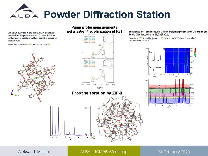 Powder Diffraction Station Pump-probe measurements: polarization/depolarization of PZT Propane sorption by ZIF-8 Aleksandr Missiul