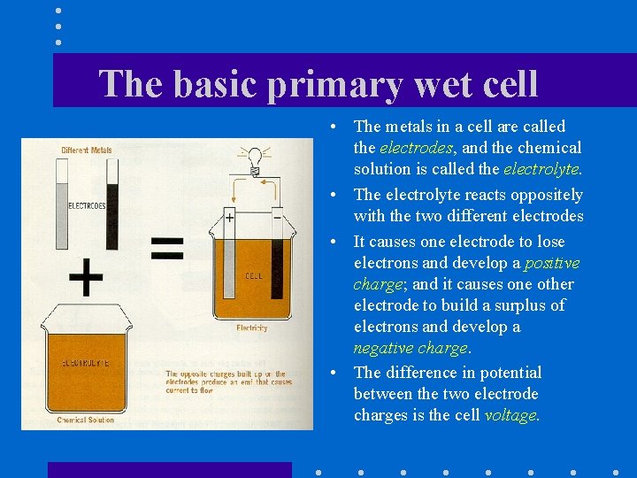 The basic primary wet cell • The metals in a cell are called the