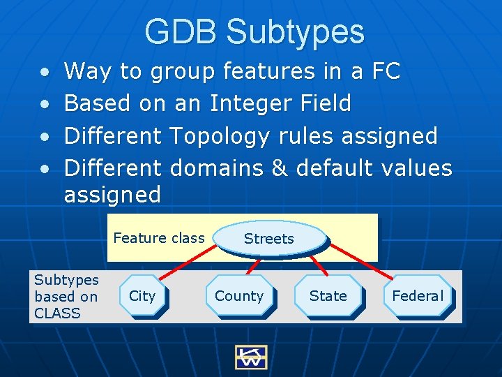 GDB Subtypes • • Way to group features in a FC Based on an