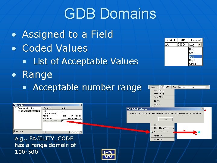 GDB Domains • Assigned to a Field • Coded Values • List of Acceptable