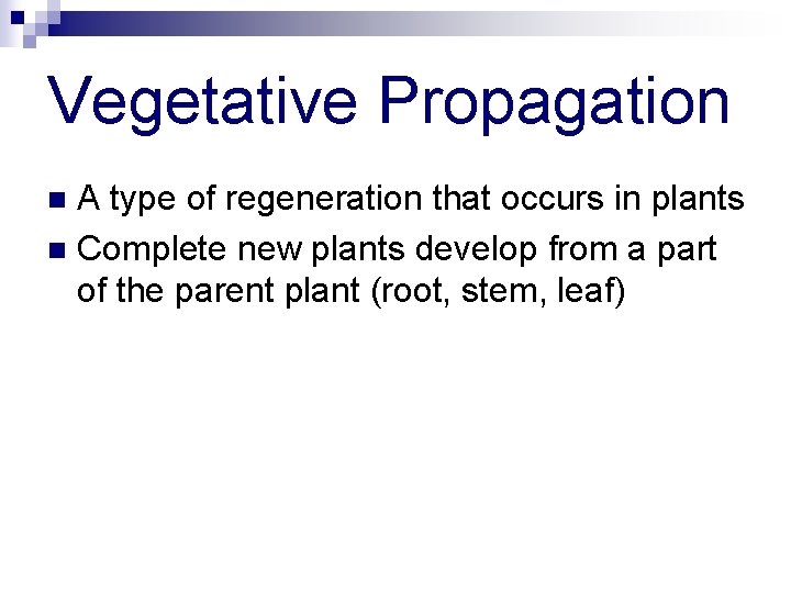 Vegetative Propagation A type of regeneration that occurs in plants n Complete new plants
