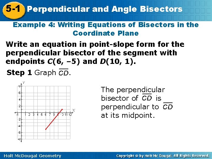 5 -1 Perpendicular and Angle Bisectors Example 4: Writing Equations of Bisectors in the