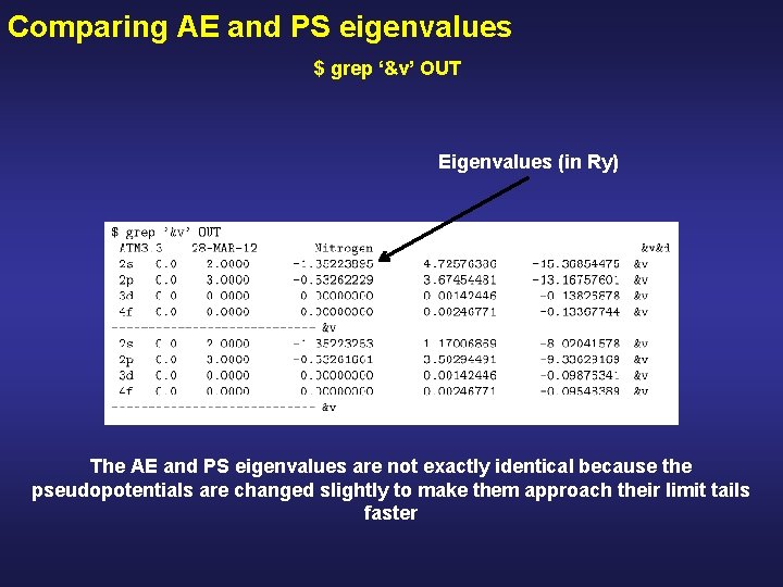 Comparing AE and PS eigenvalues $ grep ‘&v’ OUT Eigenvalues (in Ry) The AE