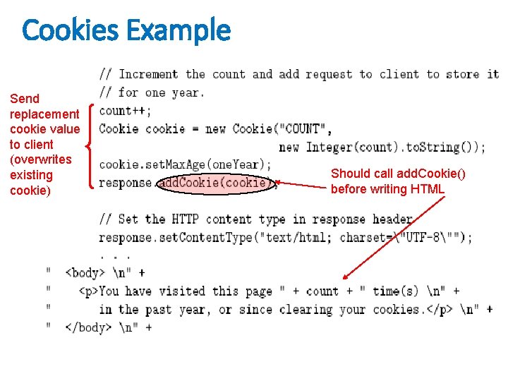 Cookies Example Send replacement cookie value to client (overwrites existing cookie) Should call add.