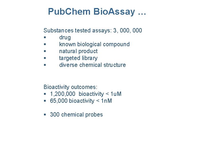 Pub. Chem Bio. Assay … Substances tested assays: 3, 000 § drug § known