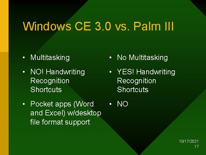 Windows CE 3. 0 vs. Palm III • Multitasking • No Multitasking • NO!