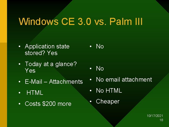 Windows CE 3. 0 vs. Palm III • Application state stored? Yes • No