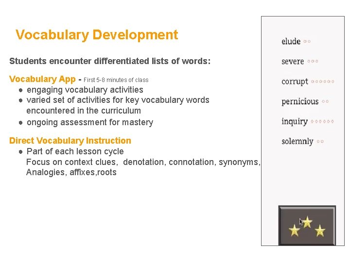 Vocabulary Development Students encounter differentiated lists of words: Vocabulary App - First 5 -8