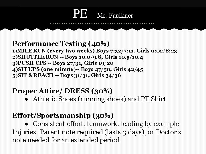 PE Mr. Faulkner Performance Testing (40%) 1)MILE RUN (every two weeks) Boys 7: 32/7: