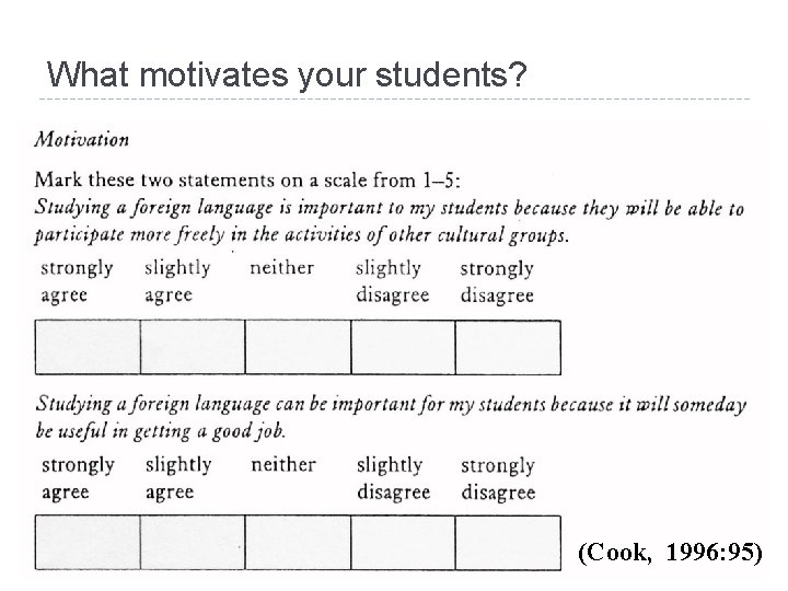 What motivates your students? 5 (Cook, 1996: 95) 