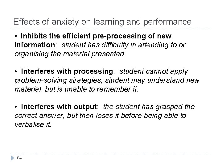 Effects of anxiety on learning and performance • Inhibits the efficient pre-processing of new