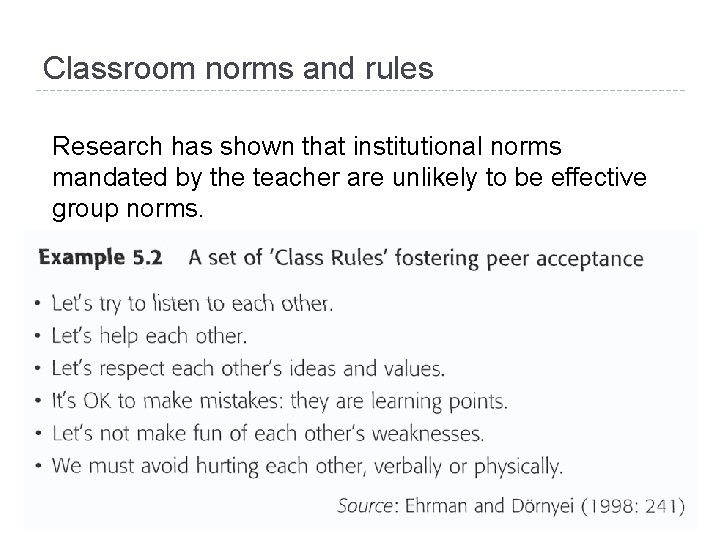Classroom norms and rules Research has shown that institutional norms mandated by the teacher