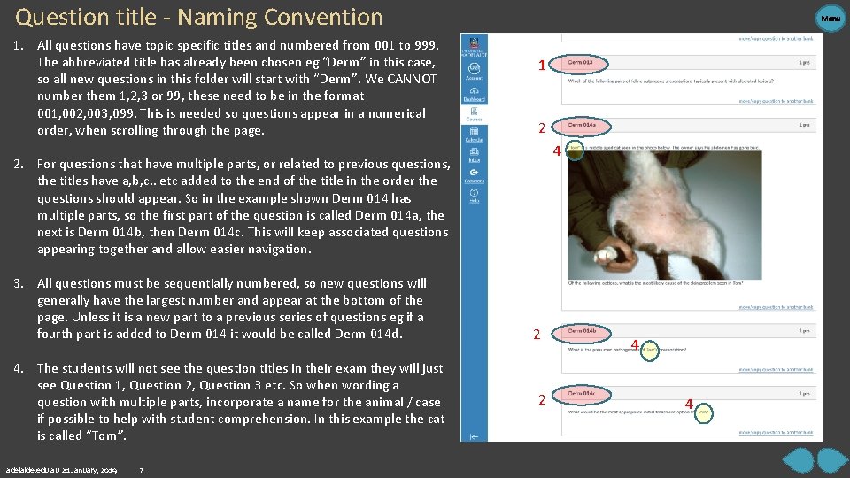 Question title - Naming Convention 1. All questions have topic specific titles and numbered