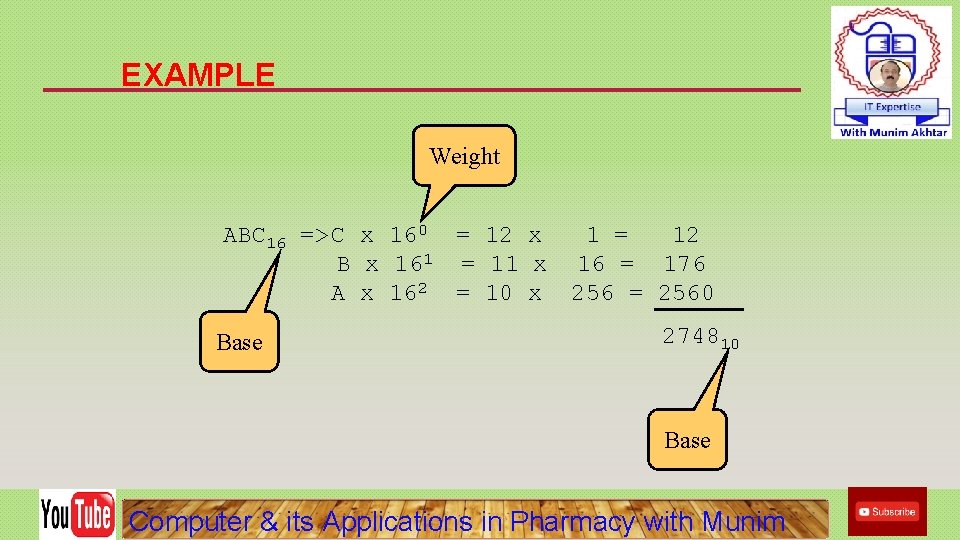 EXAMPLE Weight ABC 16 => C x 160 = 12 x 1 = 12