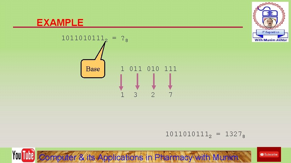 EXAMPLE 10110101112 = ? 8 Base 1 010 111 1 3 2 7 10110101112