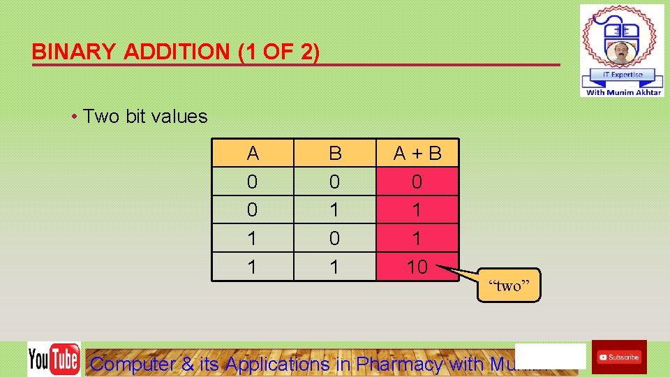 BINARY ADDITION (1 OF 2) • Two bit values A 0 0 1 1
