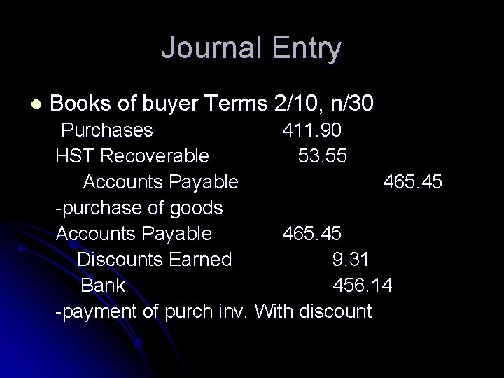 Journal Entry l Books of buyer Terms 2/10, n/30 Purchases 411. 90 HST Recoverable