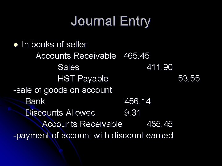 Journal Entry In books of seller Accounts Receivable 465. 45 Sales 411. 90 HST