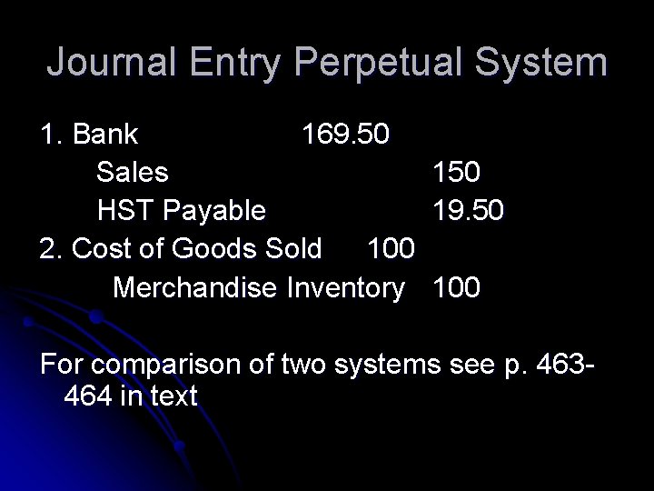 Journal Entry Perpetual System 1. Bank 169. 50 Sales HST Payable 2. Cost of