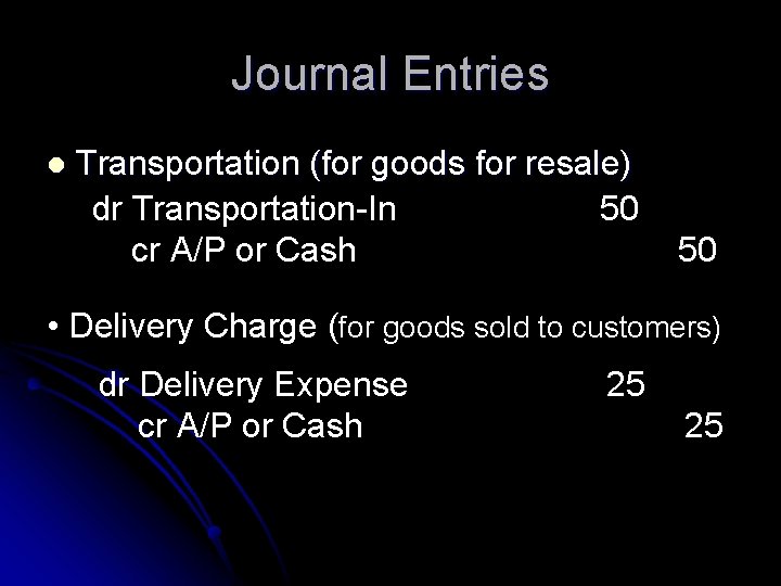 Journal Entries l Transportation (for goods for resale) dr Transportation-In 50 cr A/P or