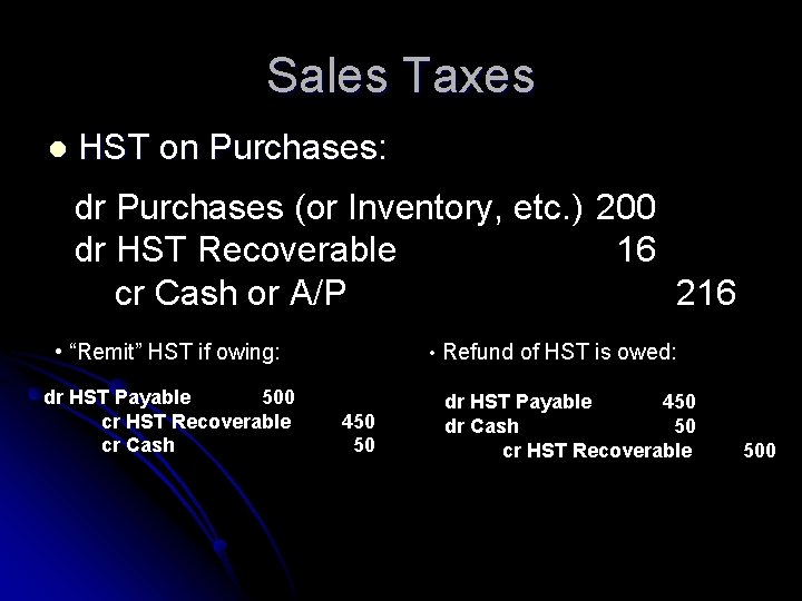 Sales Taxes l HST on Purchases: dr Purchases (or Inventory, etc. ) 200 dr