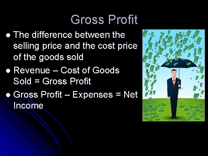 Gross Profit The difference between the selling price and the cost price of the