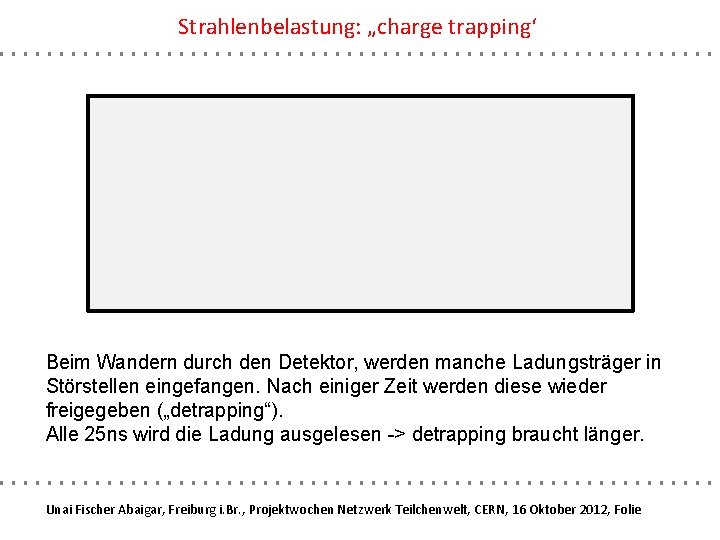 Strahlenbelastung: „charge trapping‘ Beim Wandern durch den Detektor, werden manche Ladungsträger in Störstellen eingefangen.