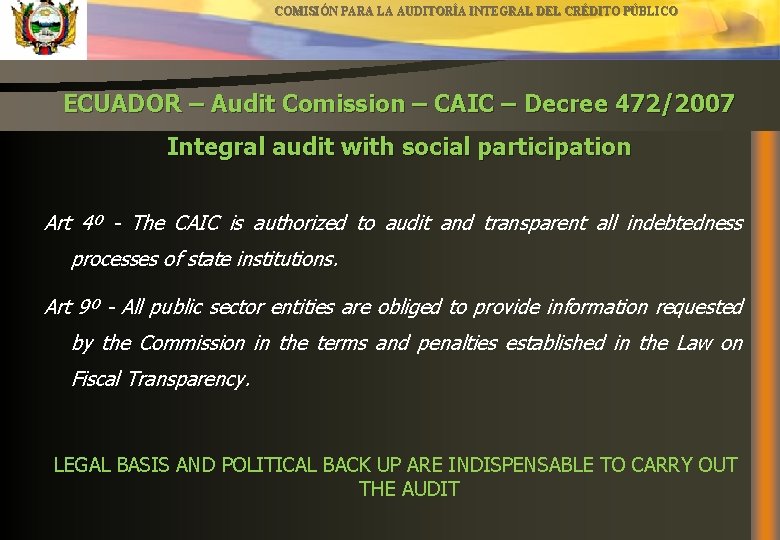 COMISIÓN PARA LA AUDITORÍA INTEGRAL DEL CRÉDITO PÚBLICO ECUADOR – Audit Comission – CAIC