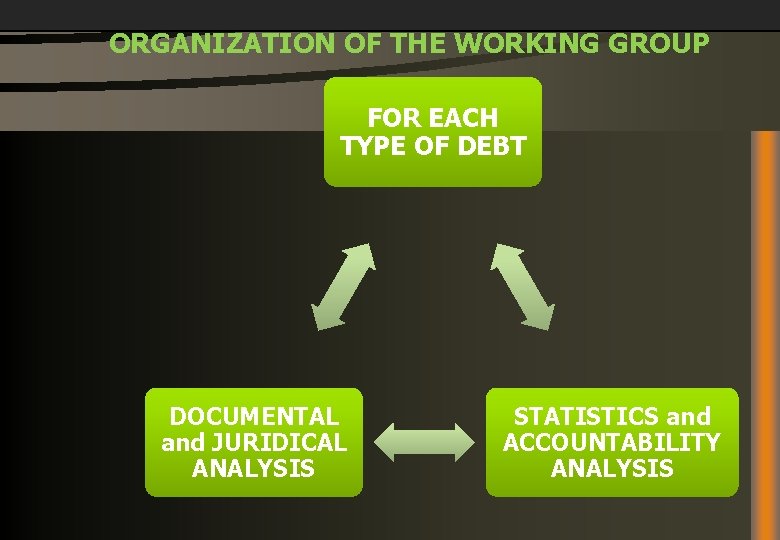 ORGANIZATION OF THE WORKING GROUP FOR EACH TYPE OF DEBT DOCUMENTAL and JURIDICAL ANALYSIS