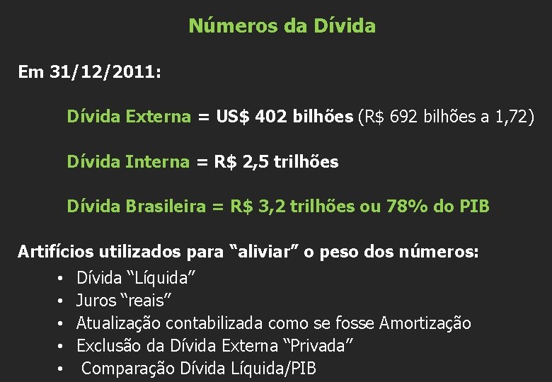 Números da Dívida Em 31/12/2011: Dívida Externa = US$ 402 bilhões (R$ 692 bilhões