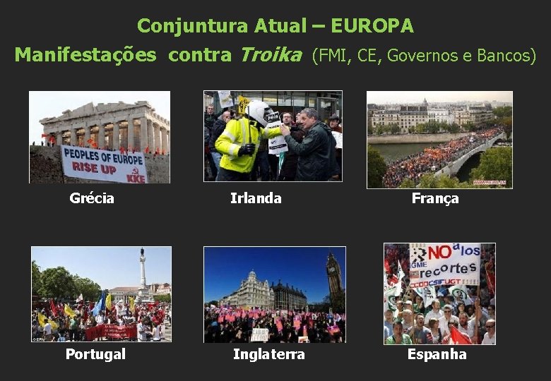 Conjuntura Atual – EUROPA Manifestações contra Troika (FMI, CE, Governos e Bancos) Grécia Portugal