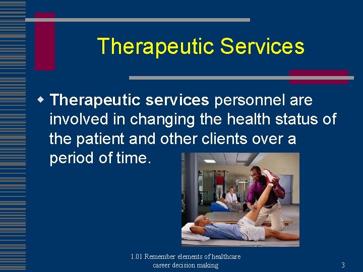 Therapeutic Services w Therapeutic services personnel are involved in changing the health status of