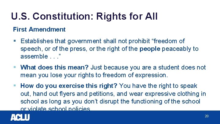 U. S. Constitution: Rights for All First Amendment § Establishes that government shall not