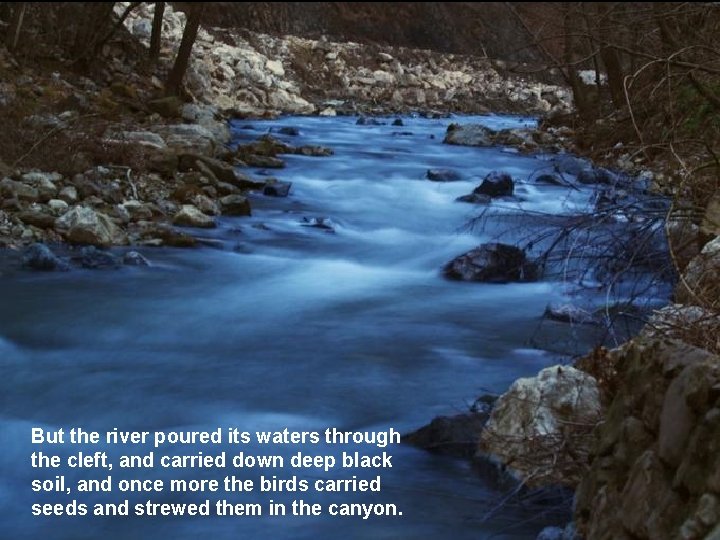 But the river poured its waters through the cleft, and carried down deep black