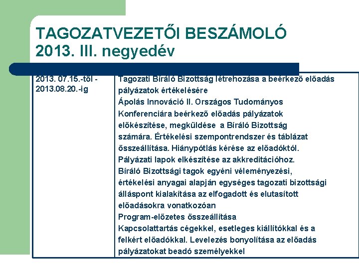 TAGOZATVEZETŐI BESZÁMOLÓ 2013. III. negyedév 2013. 07. 15. -től 2013. 08. 20. -ig Tagozati