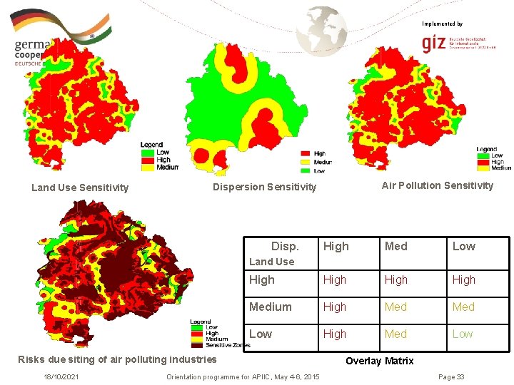Implemented by Land Use Sensitivity Air Pollution Sensitivity Dispersion Sensitivity Disp. High Med Low